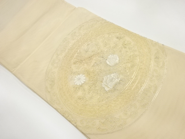 紗 銀駒刺繍丸に牡丹模様袋帯